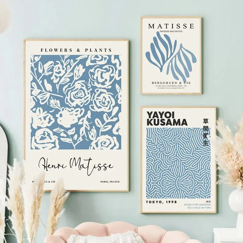 Blue Henri Matisse Yayoi Kusama Flower Market Wall Art Minimalist Aesthetics Print Canvas Painting Poster for Modern Home Decor