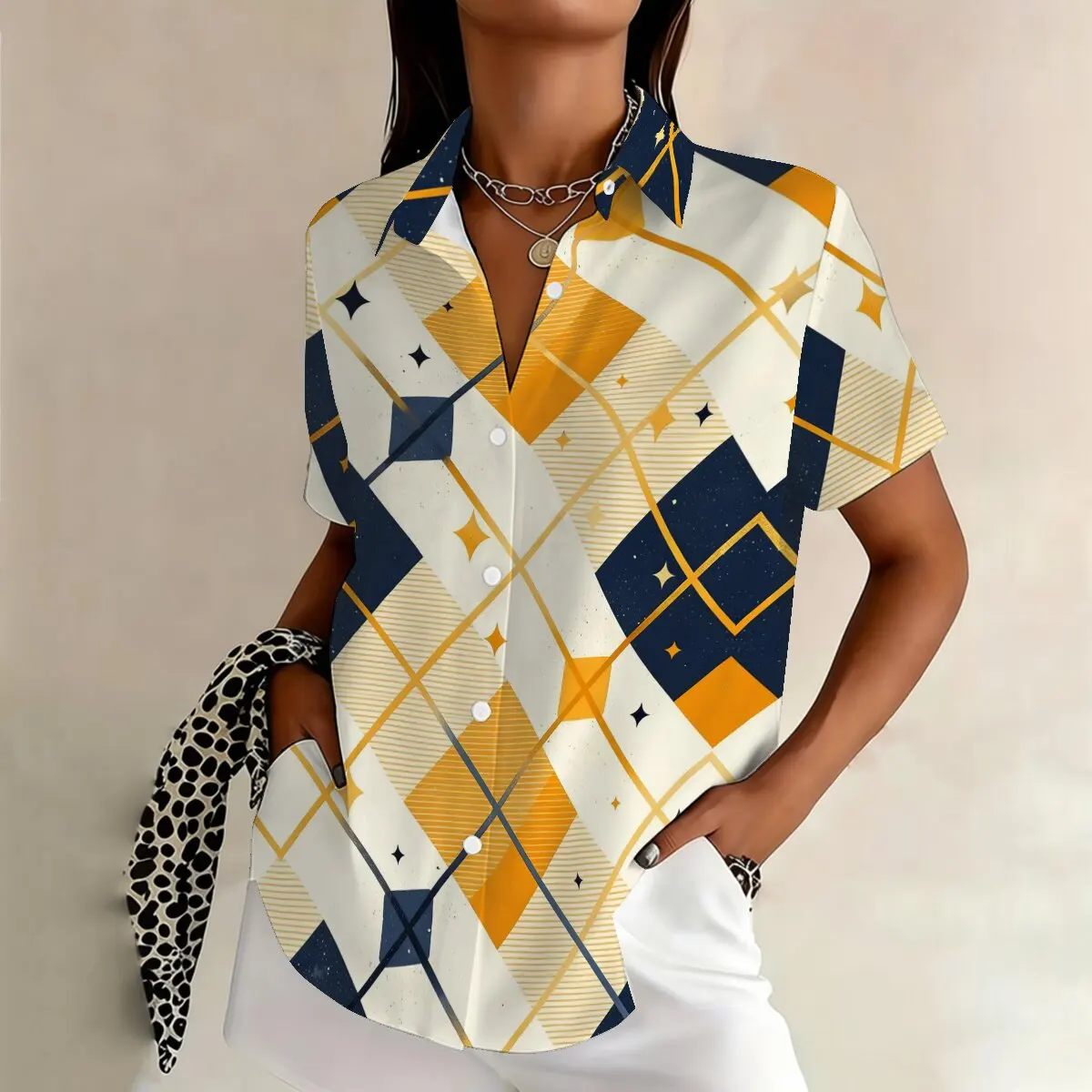 

Summer women's plus-size short-sleeve shirt,color-block argyle pattern,delicate, elegant and fashionable, suitable for commuting