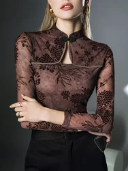 Women's Vintage Mesh Flocking Embroidery Shirt, Long-Sleeved Top, Spring and Autumn Tees, New Buckle, Goth Clothes, Y2k