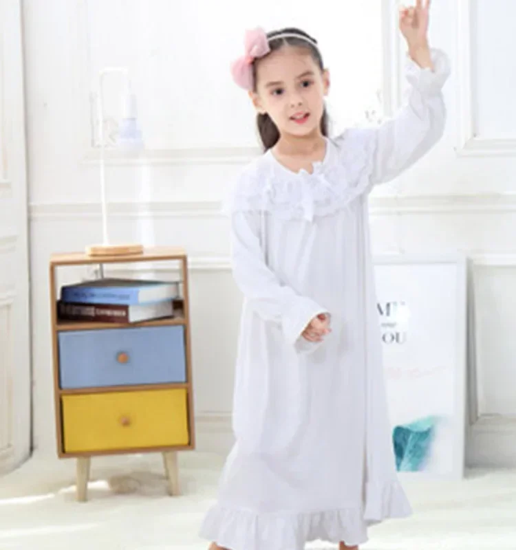 Girls Long Sleeve Nightgown Kids Pajamas White Pink Sleepwear 2024 Spring Fall 2-10-Years Children\'s Long Nightdress