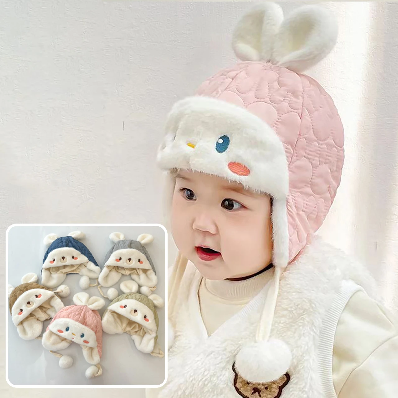 

Cute Cartoon Plush Ear Protection Hat For Baby Warm Earmuffs Cap Winter Velvet Lining Thermal Headgear 0-6Month Newborn Beanie