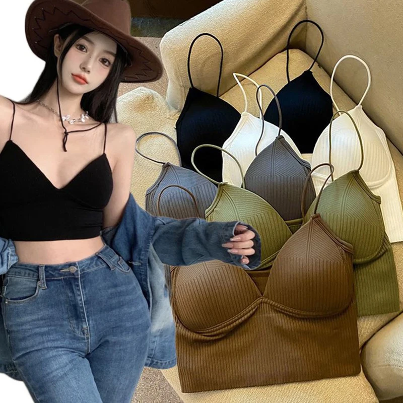 Ladies Camisole Slim Fit Sexy Stretch Push Up Bra with Chest Pads Soft Knitted Crop Top Short Tube Top V-Neck Tops Bralettes