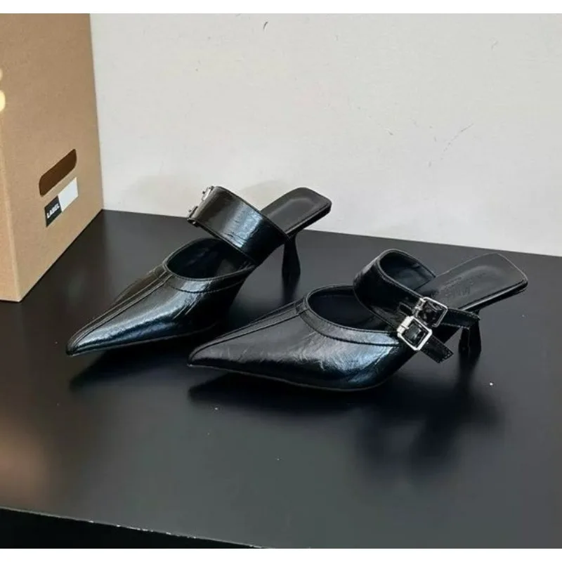 Designer Summer Black Slides Mules Women's Slippers and Ladies Sandals High Up To Heel Shoes Job Leather on Promotion Footwear