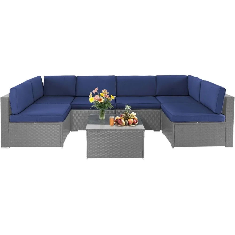 

7-Piece Outdoor Patio Furniture Set, All-Weather Grey Rattan Sectional Sofa – Modern Glass Coffee Table Included