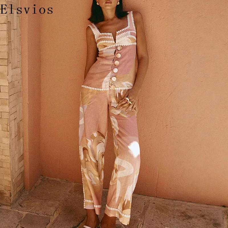 

Women Elegant Sleeveless Vacation Outfits Summer Fashion Print Button 2 Piece Suits Sexy Off Shoulder Vest Top & Long Pants Set