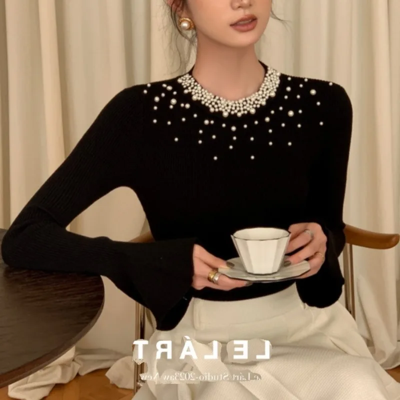 Neploe High End Heavy-Duty Nail Bead Flared Sleeve Sweater Femme 2024 Autumn Winter French Elegant Gentle Base Knitted Pullovers