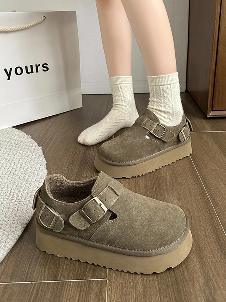 Sapatos femininos de inverno que combina com tudo, plataforma de tamancos, calçado feminino, boca rasa, dedo do pé redondo, tênis casual, vestido trepadeiro, retrô slip, novo