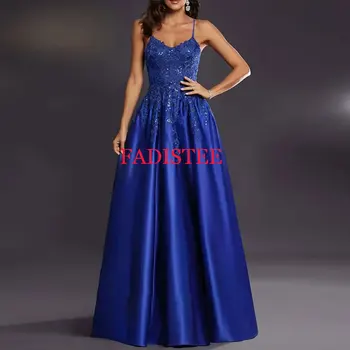 Customized Spaghetti Straps Sleeveless Prom Dresses Lace Appliques A-line Floor Length Sexy Open Back Lace-up Women Party Gowns