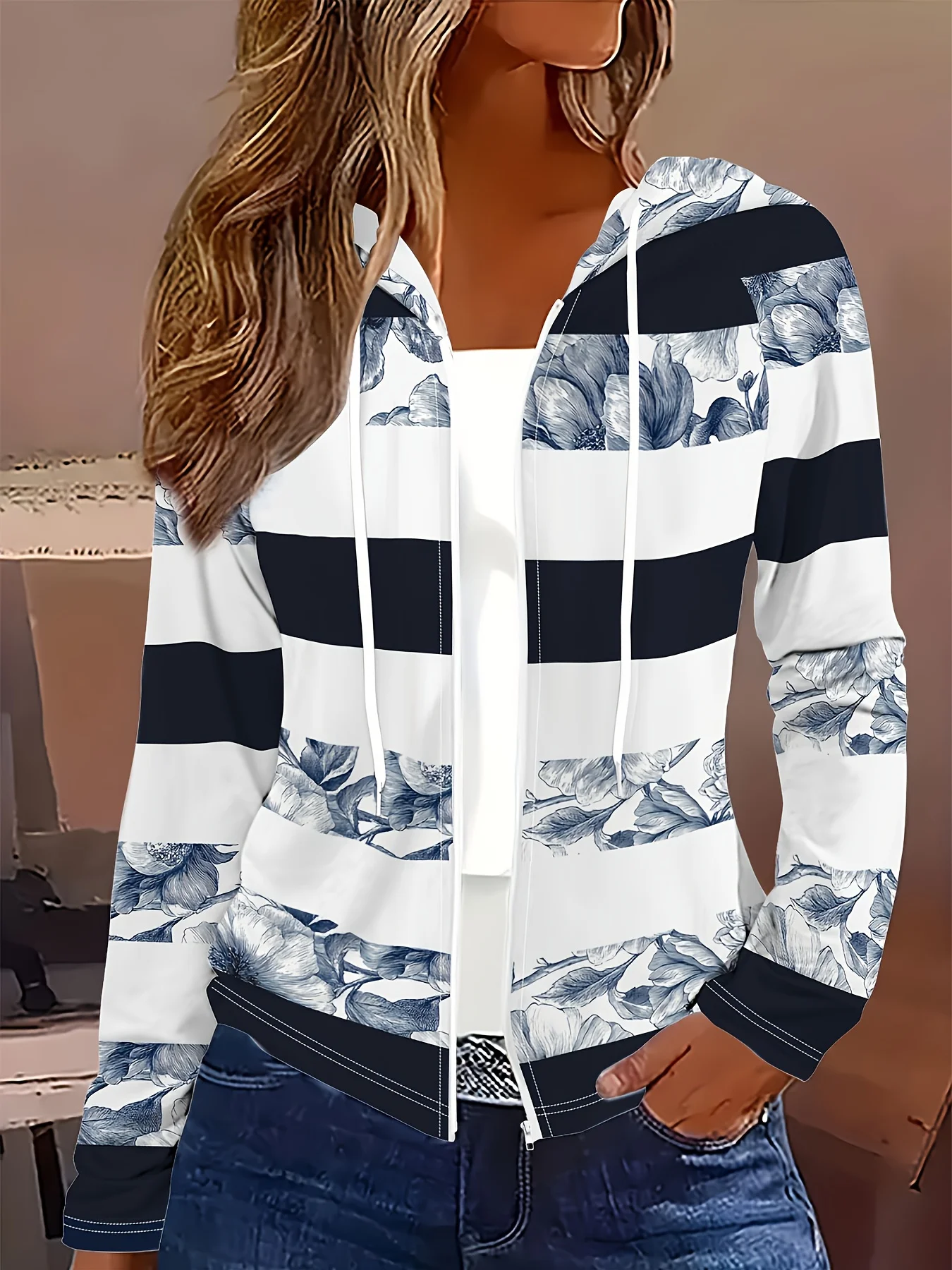 

Куртка с капюшоном в повседневном стиле с принтом в полоску и цветочный узор, весенне-осенняя коллекция