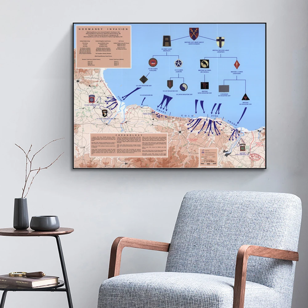 Karte von D-Day Normandie 6 Juni 1944 Leinwandgemälde Geschichtsbegeisterte Geschenk Wandkunst Dekor