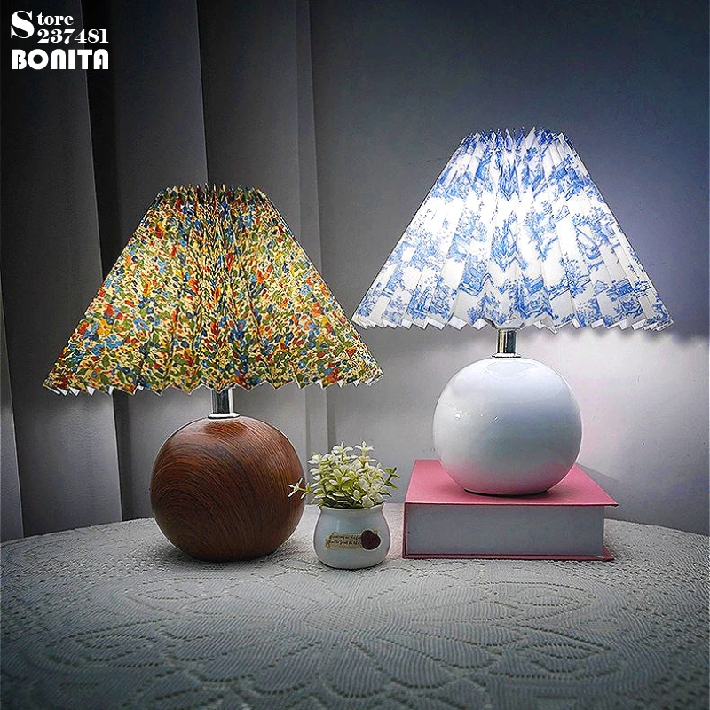 

Boutique Hotel Table Lamp Blue Willow Pleated Shade Ceramic Base Remote Dimming Ambient Lighting for Lounge & Reception Areas