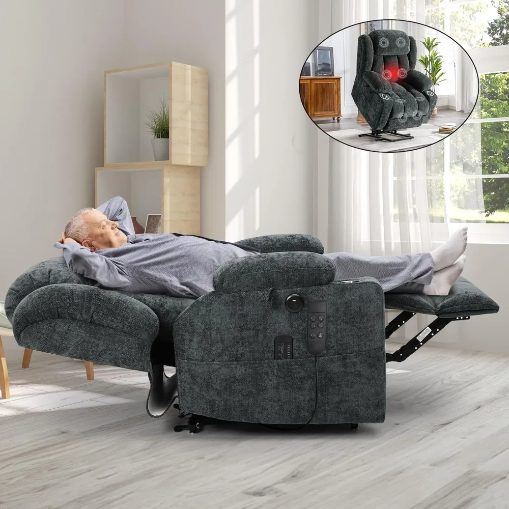 

Dual Motor Lay Flat Power Lift Recliner with Heat & Massage, Cup Holders, Side Pocket, USB-A & C Ports