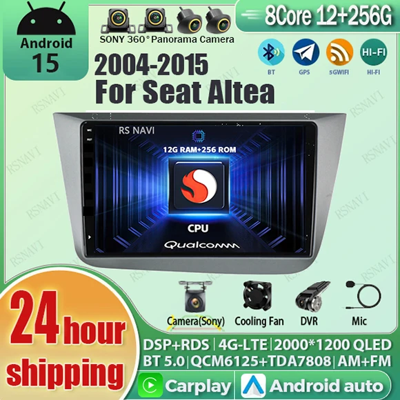 أندرويد 15 Carplay Auto Qualcomm 2K QLED شاشة مشغل راديو السيارة لمقعد Altea 2004 - 2015 GPS ستيريو BT Wifi 4G Snapdragon DSP