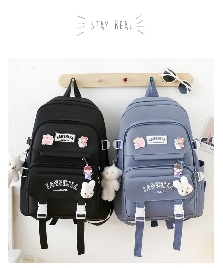5-teiliges Set mit kostenlosen Anhängern im Waldstil, koreanische Version, lässiger Harajuku-Studentenrucksack für Mädchen mit großer Kapazität – Detail 18