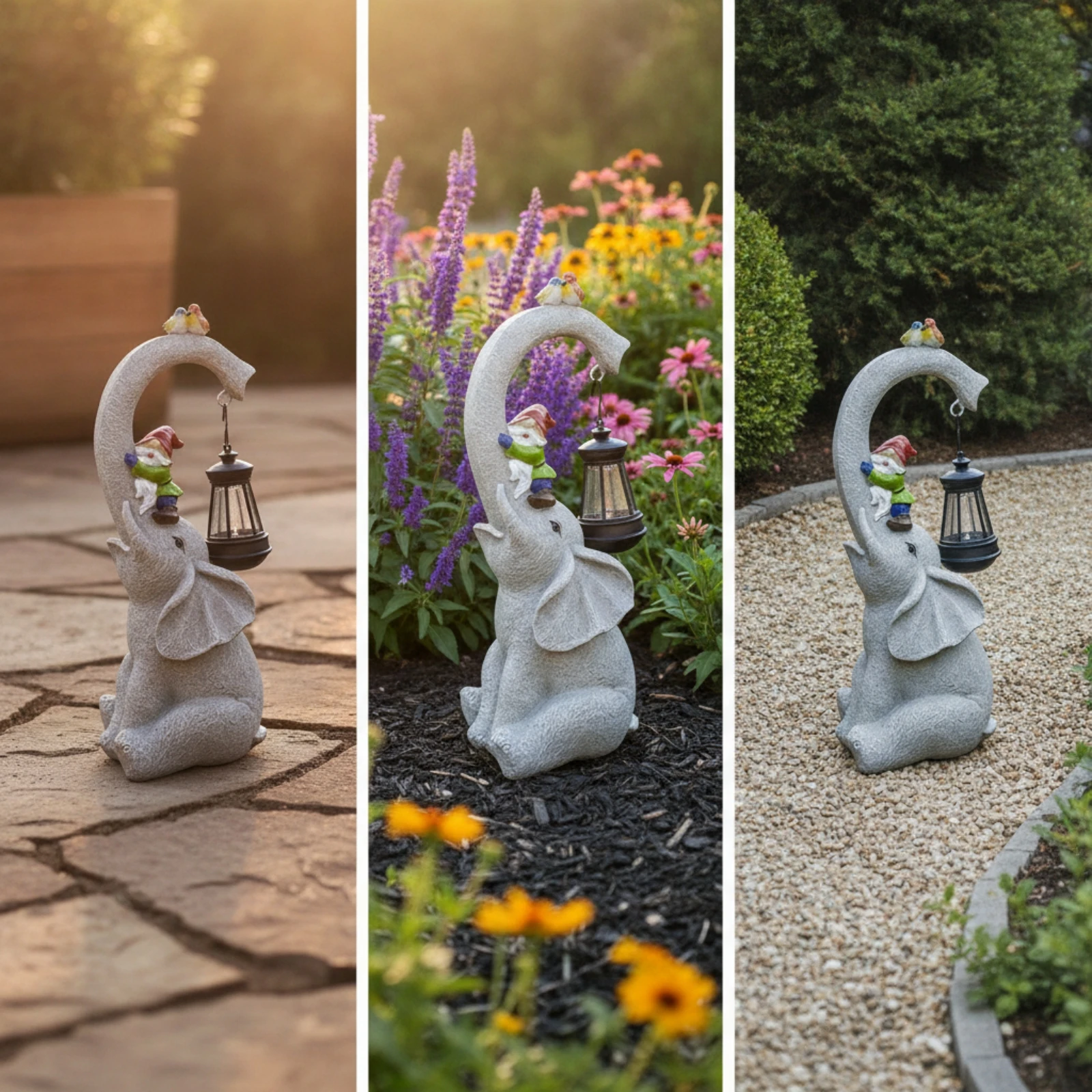 Elephant Garden Statue with Elf Passenger Textured Seated Elephant Statue with Hanging Lantern Energy-Efficient Easy to Use