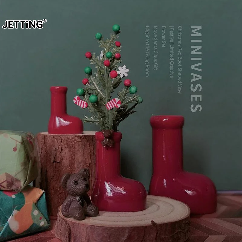 Miniature Christmas Little Red Boots Rubber Vase Creative Dollhouse Desktop Flower Arrangement Accessories Toys