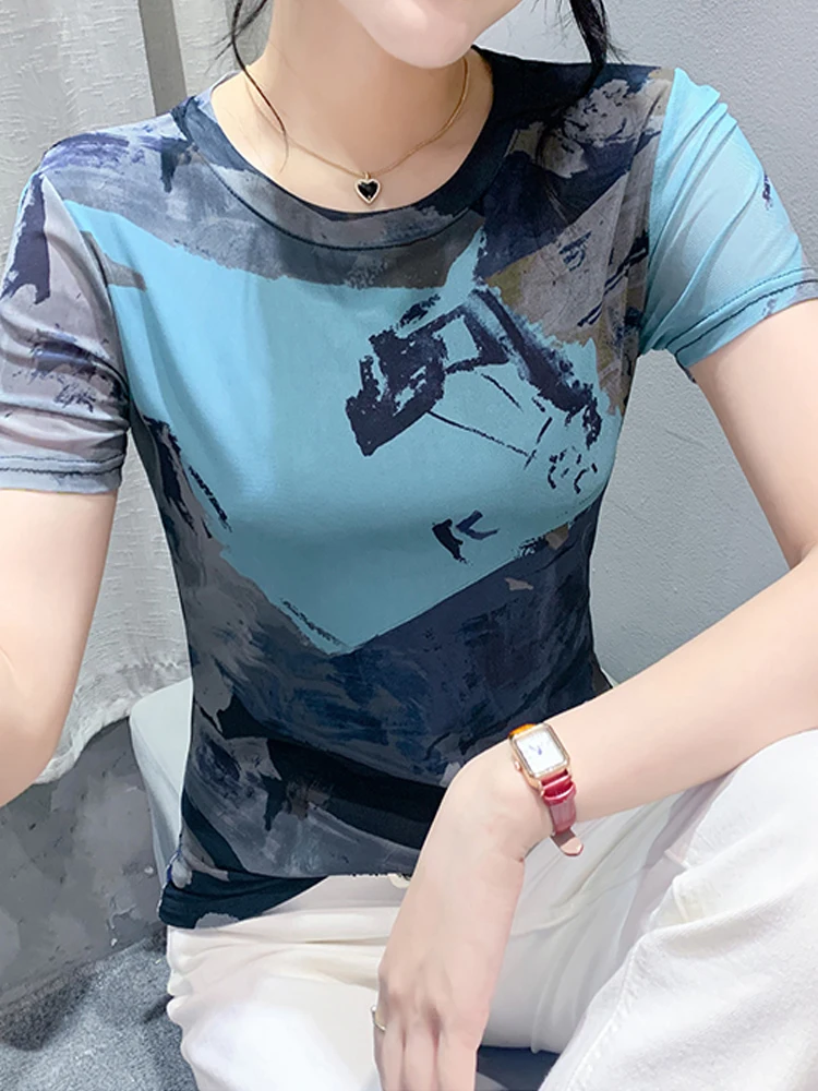 

Женская летняя тонкая футболка Slim Fit с принтом, круглым вырезом, из полиэфирного волокна, для повседневной носки