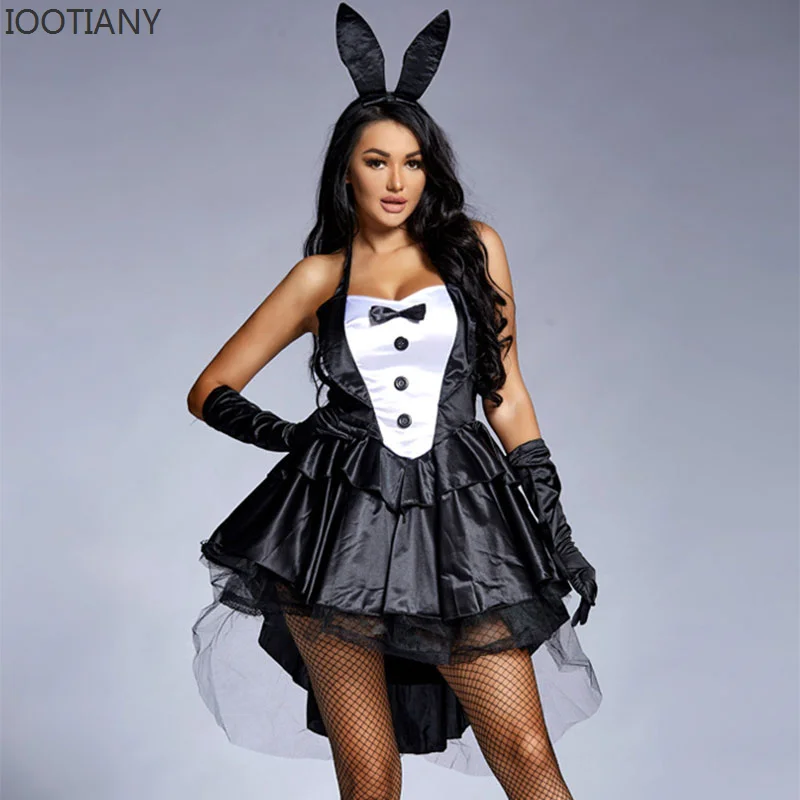 IOOTIANY Women's 3 Piece Sexy Bunny Girl Costume Tuxedo Tails Halloween Club Party Fancy Dress Plus Size