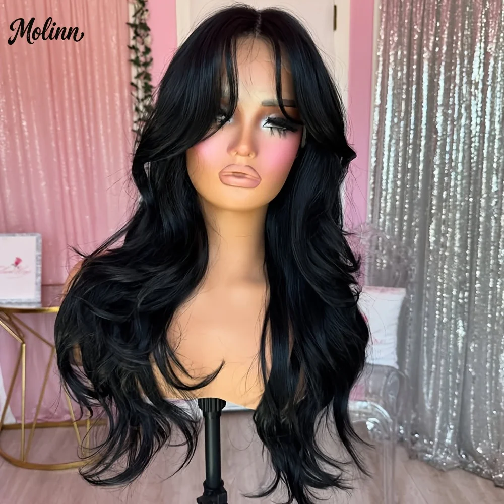 Black Wig With Bangs Natural Wave Lace Front Wigs 13x4 HD Synthetic And Blend Heat Resistant Pre Plucked Party Cosplay For Women