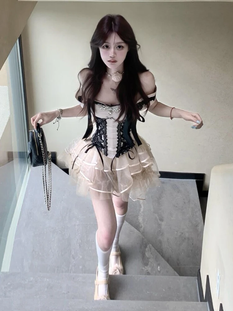 ReddaChic Crystal Applique Corset Cake Skirt Set Lace-up Bow Boned Top Puffy Layered Ruffle Hi-Lo Skirt Princess Women Clothes