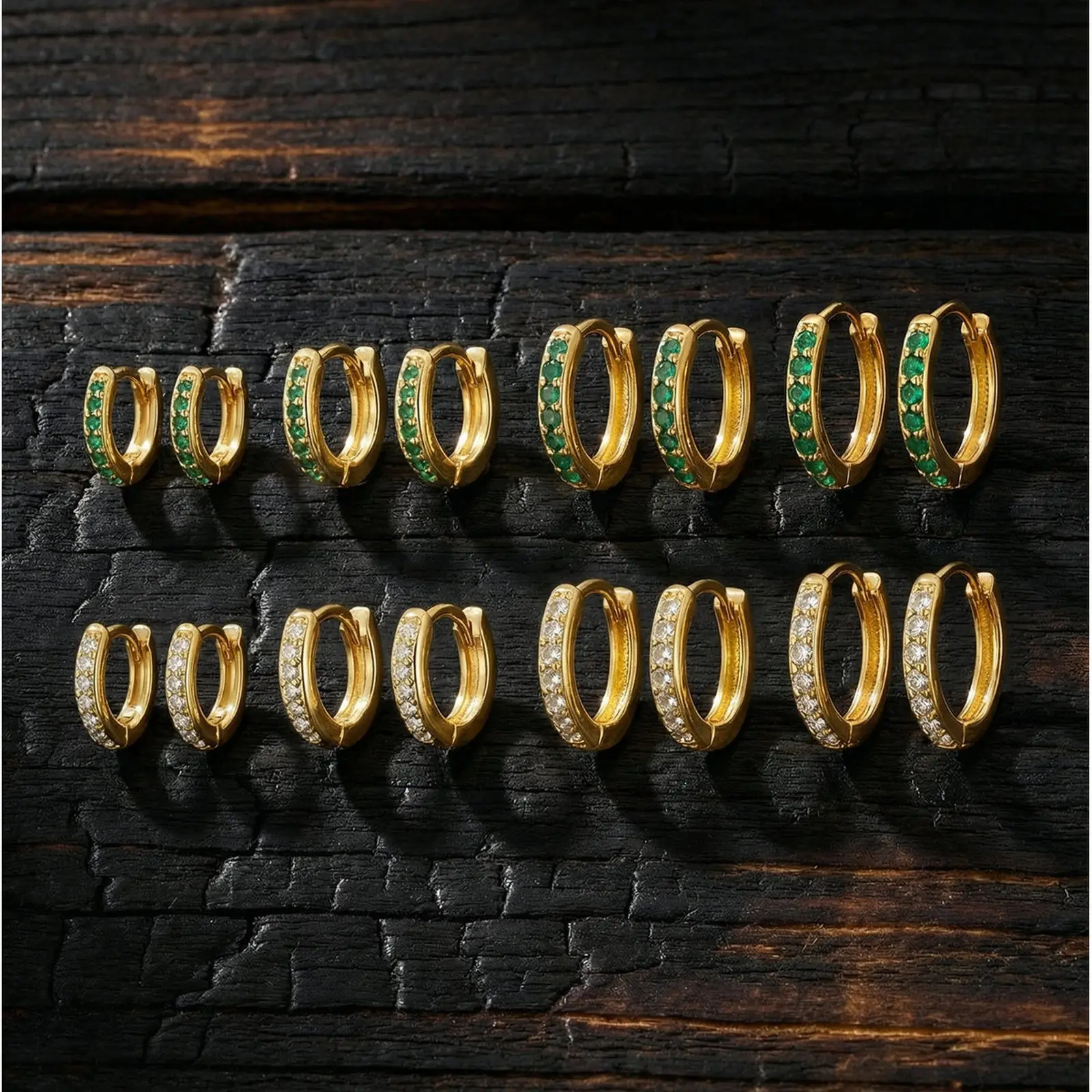 Vnox Gold Plated Huggie Hoop Earrings for Men, Copper Green Emerald /Clear Zircon Cartilage Ear Buckle, Tiny Circle Jewelry Gift