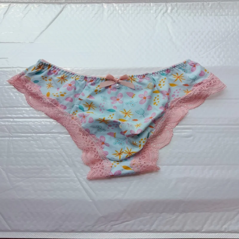 Man's Printed Pattern Lace Hem Briefs Handmade Cute Brief BF U Convex Pouch Panty Bigger Oversize 125kg Can Wear