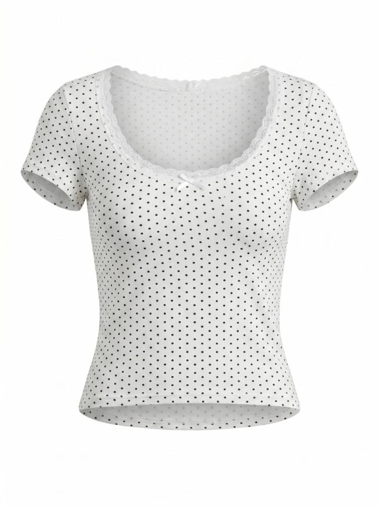 2026 Summer New Polka Dot Women T-shirt  Lace Trim Big U-Neck Top Stylish Bow Decor Slim Versatile Short Sleeve Tee