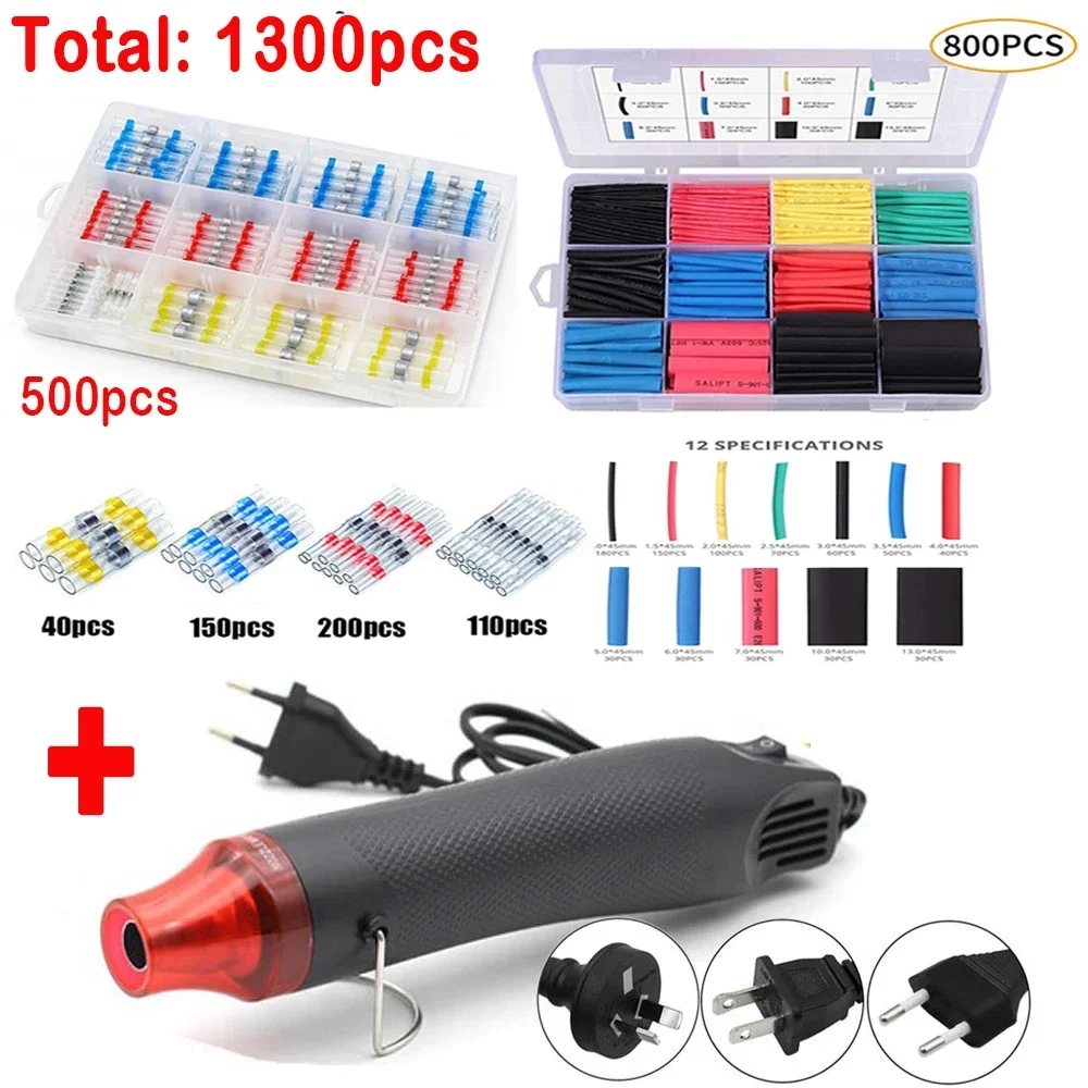 

900/1100/1300PCS Waterproof Heat Shrink Butt Crimp Terminals Solder Seal Electrical Wire Cable Splice Terminal Kit with Heater