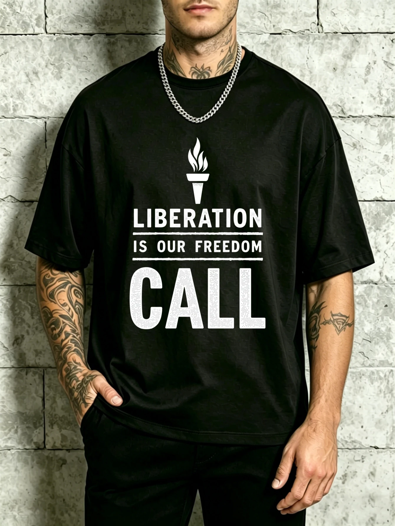 Men's Round Neck T-Shirt with Liberation-Themed Graphic Print, Loose Fit, Stylish and Versatile, Made from Soft and Comfortable Fabric, Suitable for Daily Wear and as a Holiday Gift, Ideal for Summer and Spring, Perfect Gift for Friends and Family
