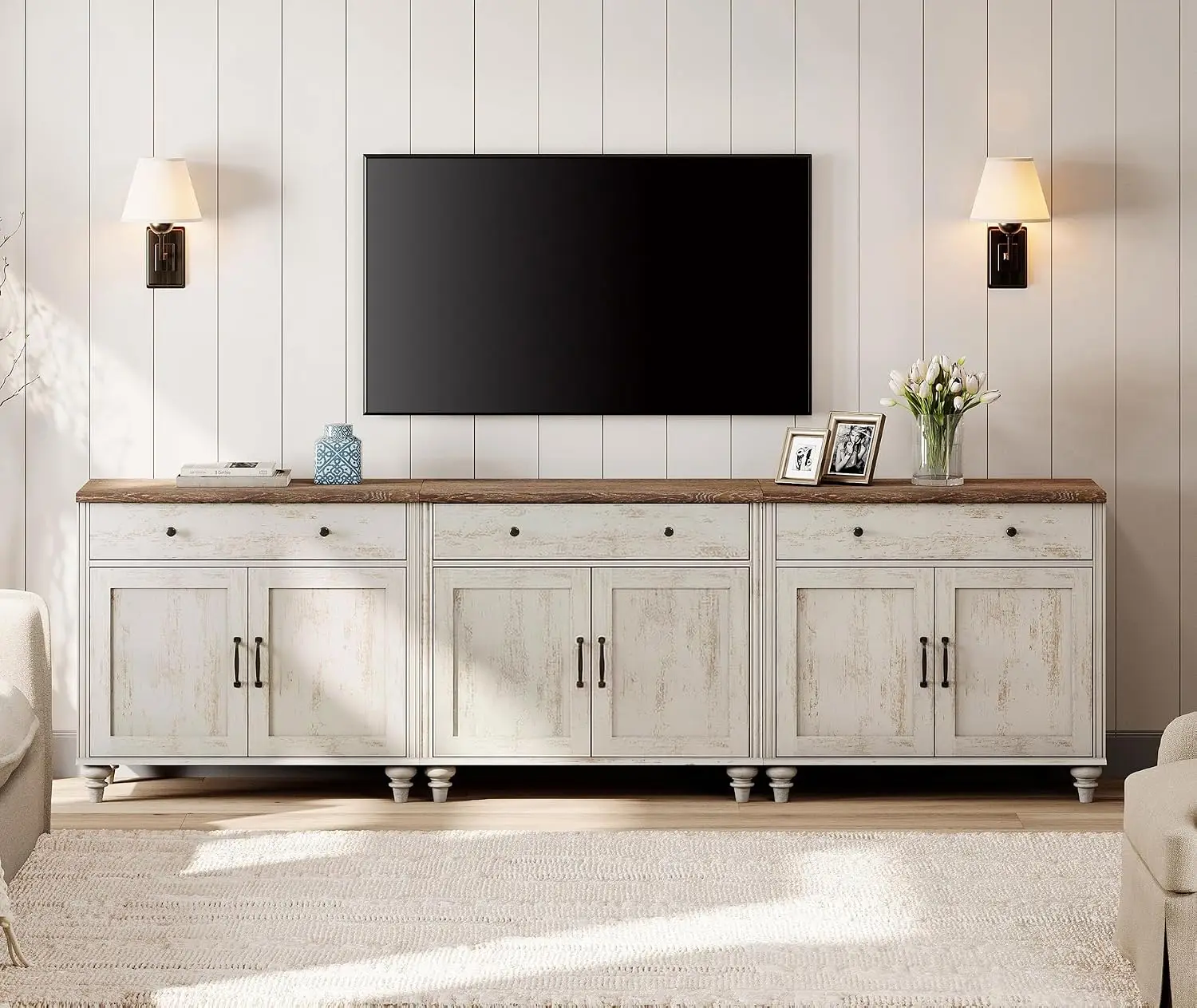 100 Inch TV Stand with 6 Doors 3 Drawers Farmhouse Wood Storage Cabinet Entertainment Center Console Rustic White, Customized