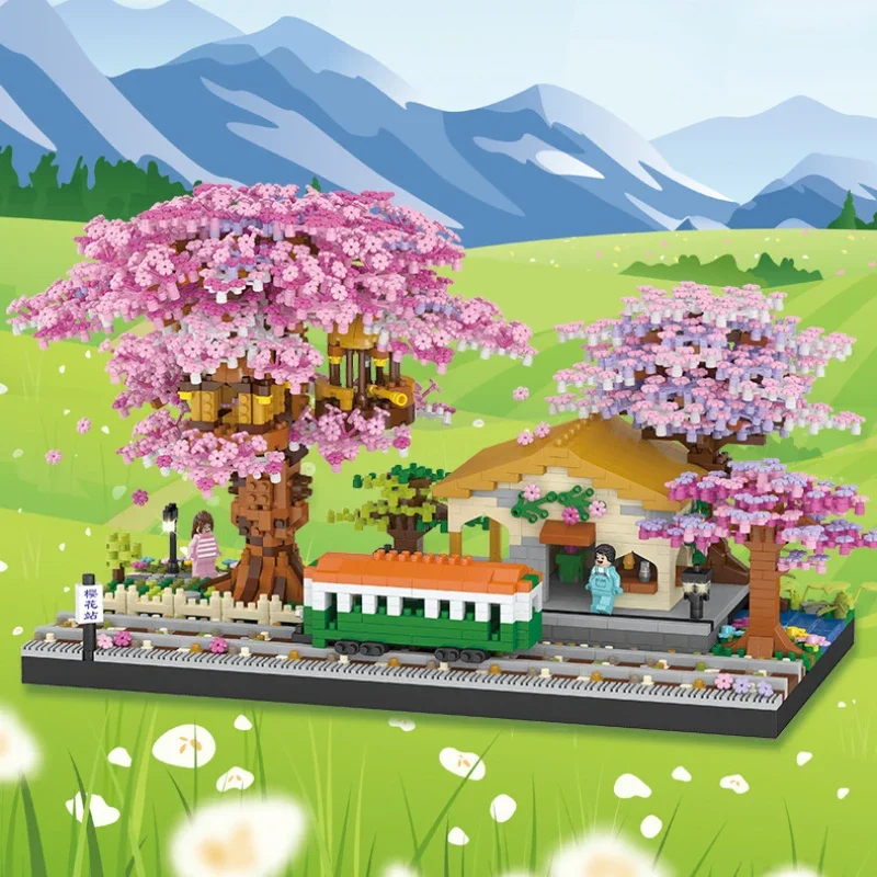 DIY Discoloration Cherry Blossom Flower Pink Tree House Train Assembly Building Blocks Model Bricks Sets Kid Holiday Toys Gifts