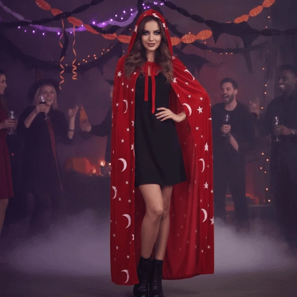 Tie Up Closure Velvet Hooded Cloak Foil Printed Soft Fabric Star Moon Cape Flowy Drape with Hood Gothic Party Apparel Ball