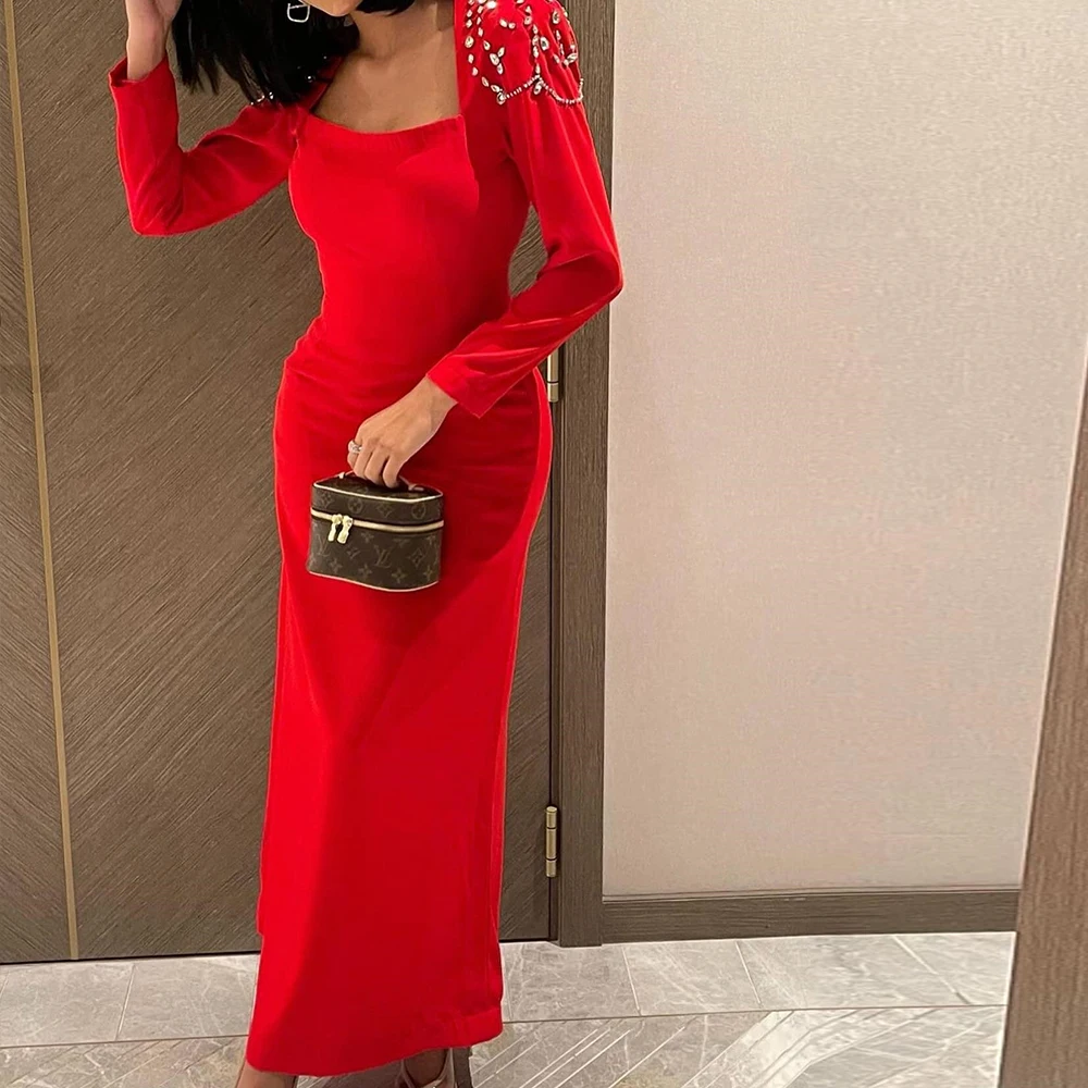 

Red Long Sleeves Jersey Straight Square Neck Tea Length Saudi Evening Dresses Fashion Pleats Crystal Bespoke Occasion Gowns 2024