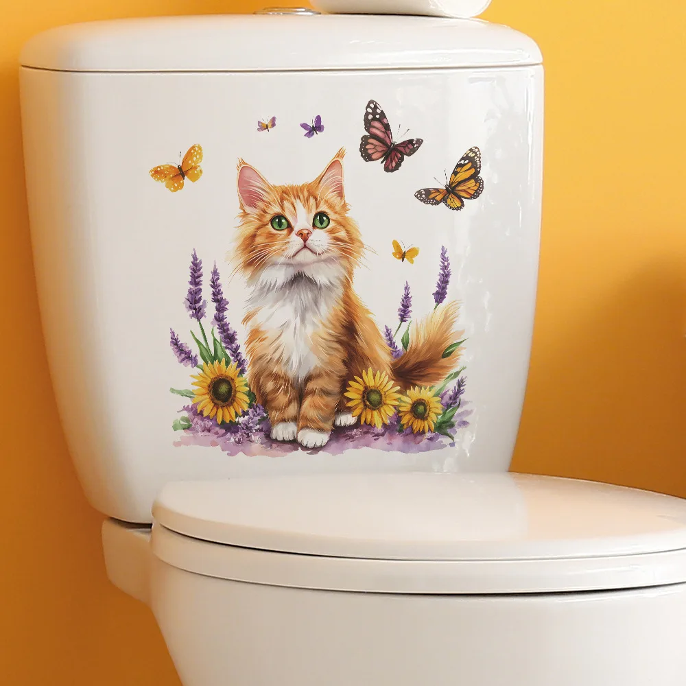 Cartoon Cat Flower Butterfly Wall Stickers Bathroom Toilet Decoration Mural Living Room Cabinet Home Decor Self-adhesive Decals