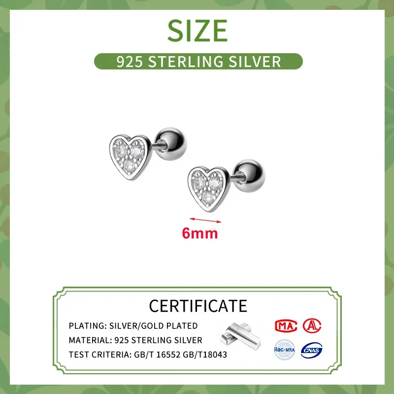 INZATT Real S925 Sterling Silver Zircon Heart Piercing Screw Ball Stud Earrings For Women Classic Fine Jewelry Accessories