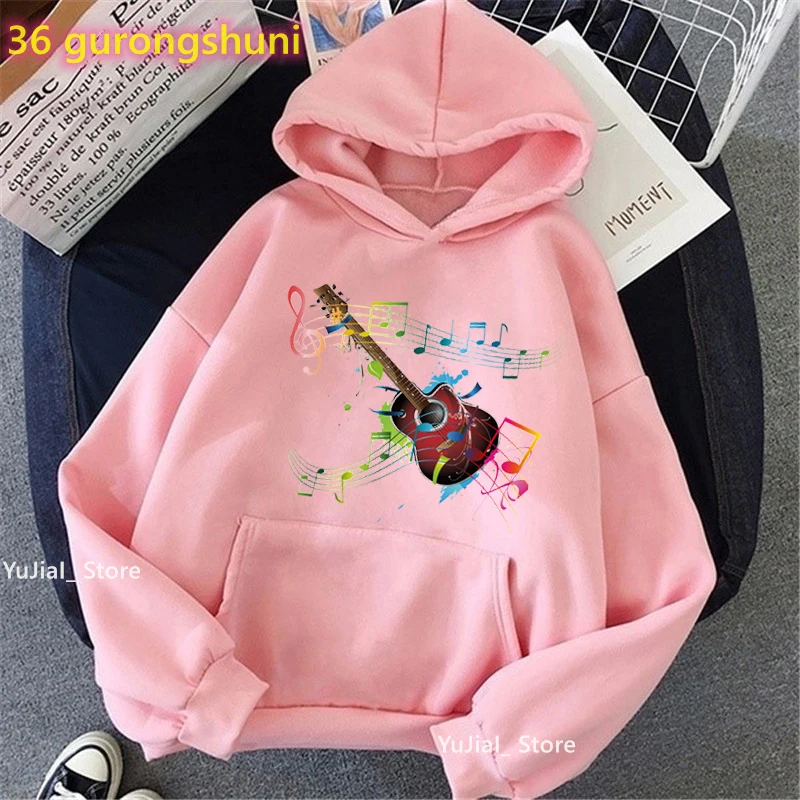 Golden Music Note Print Sweatshirt Women'S Clothing Fashion White/Pink/Gray Hoodies Long-Sleeved Tracksuit Femme Harajuku Coat