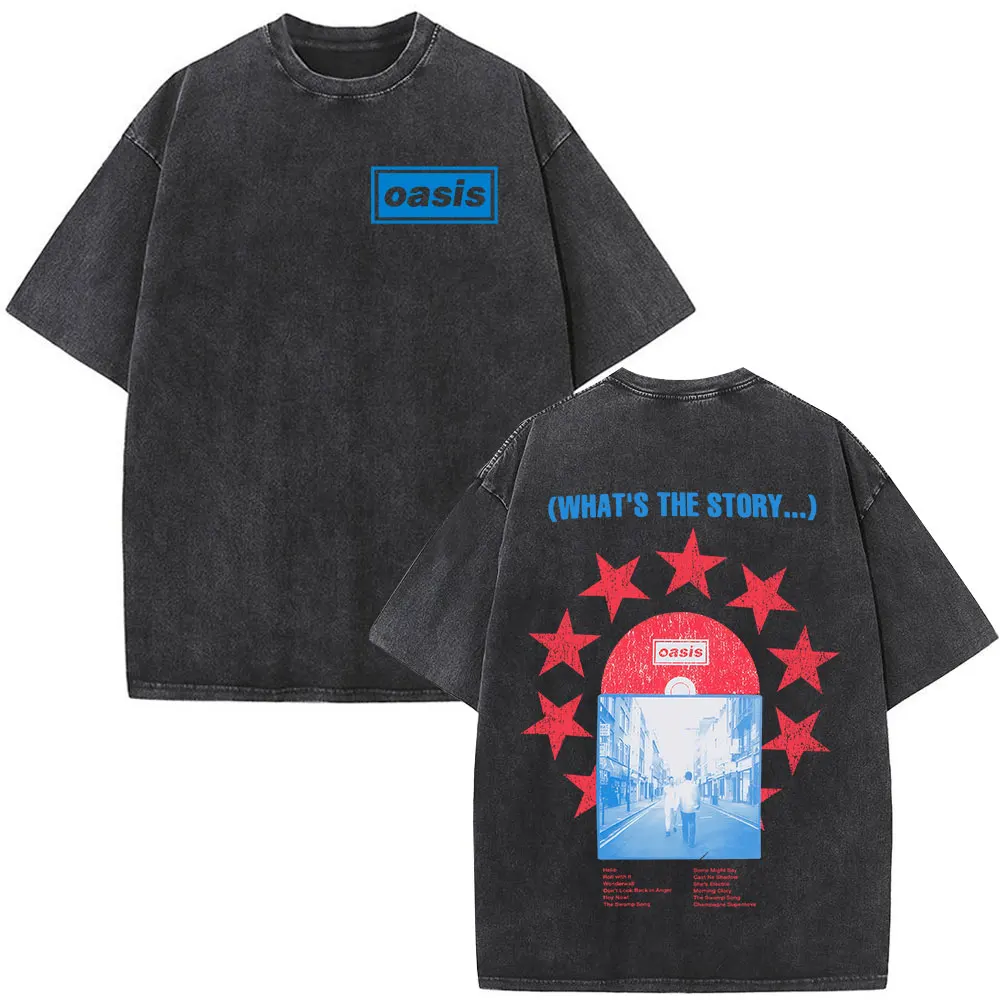 Rock Band O-Oasis Live 25 Tour What's The Story T Shirt Men Women Clothing Vintage Washed Oversized Cotton Short Sleeve T-shirts