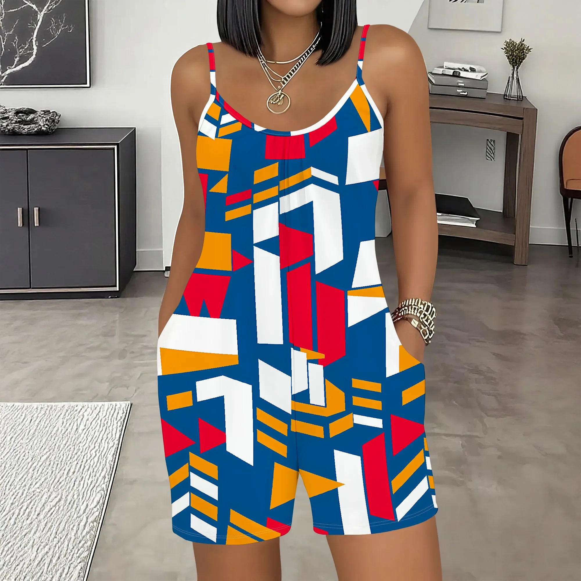 

Geometric Print Romper, Abstract Art Playsuit, Colorful Pattern Jumpsuit, Summer Casual Outfit, S-2XL