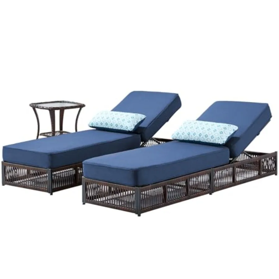 

Luxury Outdoor Chaise Lounge Chairs of 2 with 5 Inch Thick Cushions and Side Table - 3 PCS High Back Brown Wicker Patio Recline