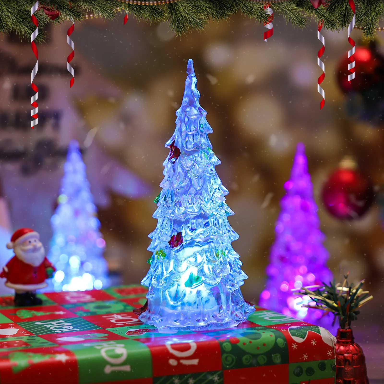4Pcs Painted Mini Christmas Trees 12Cm LED Color Changing Acrylic Xmas Trees Decorative Lights Home Christmas Party Decoration