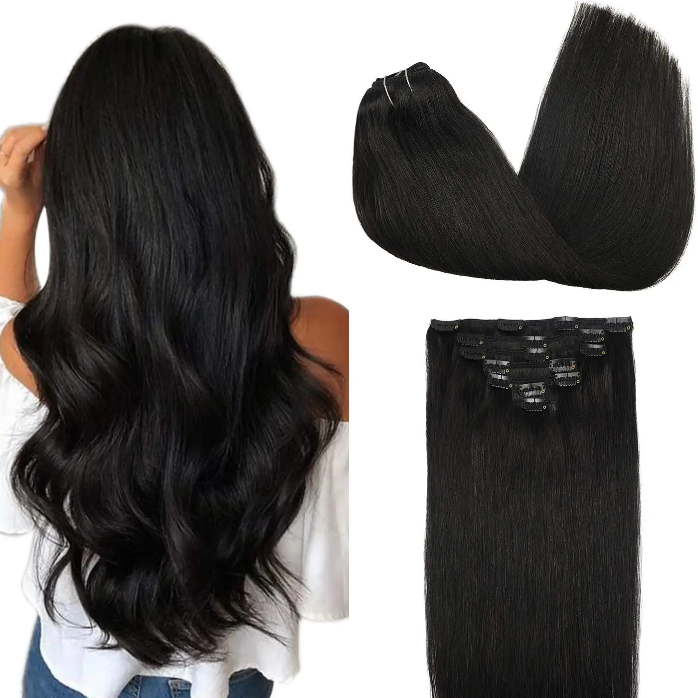 

7 Piece Natural Black Human Hair Clip In Extensions 14-20 Inch Set Straight Lightweight & Comfortable