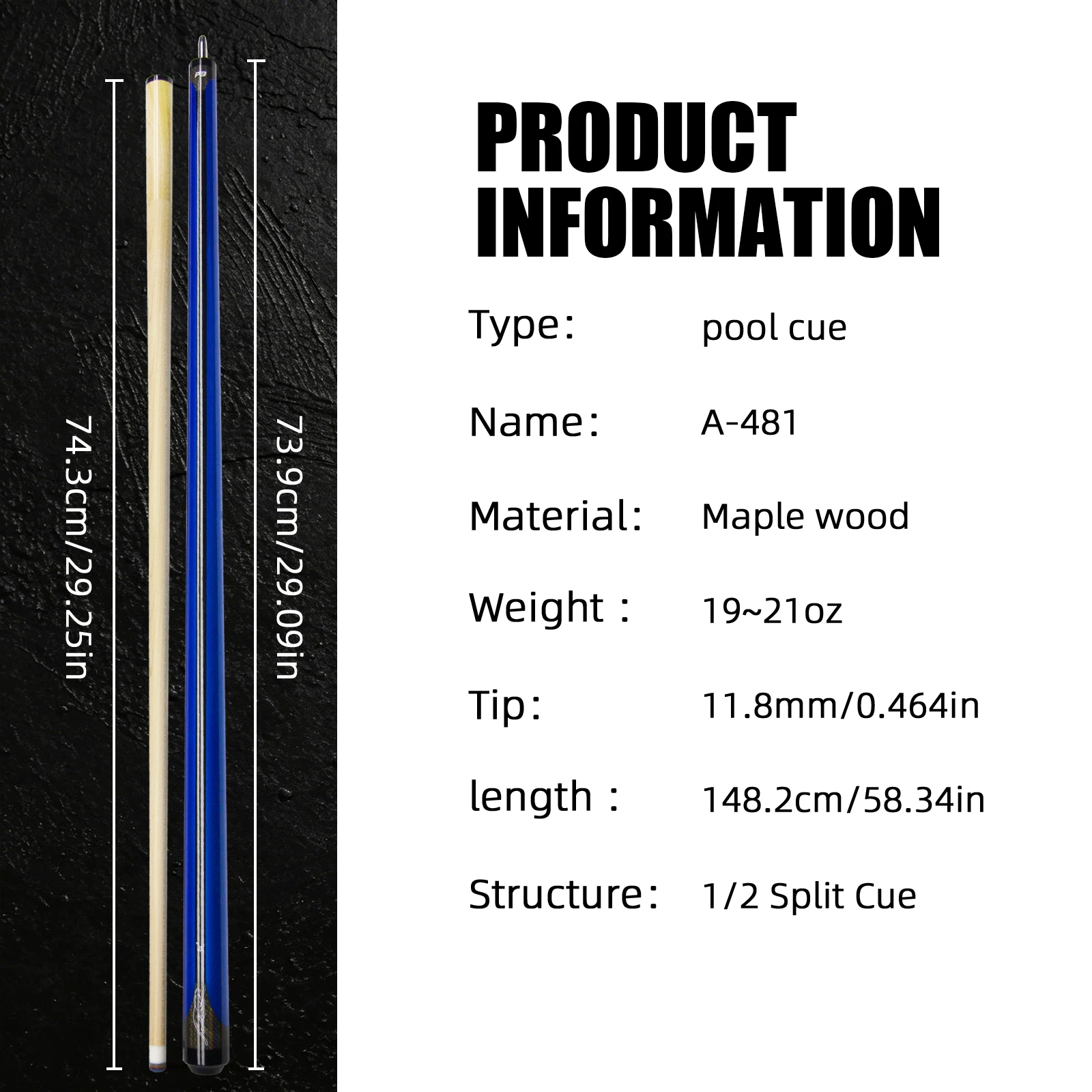 58.34in Blue Leopard Hard Maple 1/2 Jointed Pool Cue 11.8mm Billiards Stick Fast Three Tooth Professional Training Precise Strik