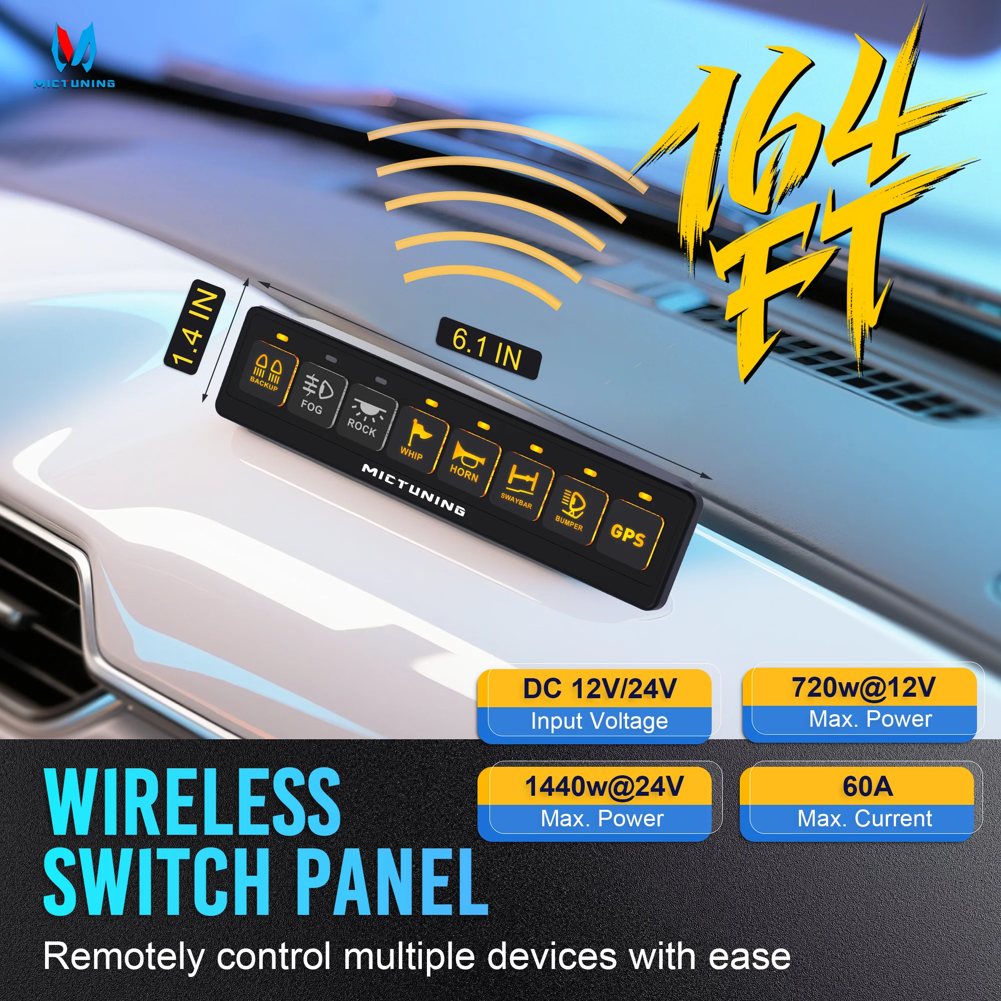 MICTUNING BC80 8-Gang Wireless Switch Panel, Dual Power Hubs, Auxiliary ON-OFF Relays Circuit Box, 4 Control Modes 12V 24V