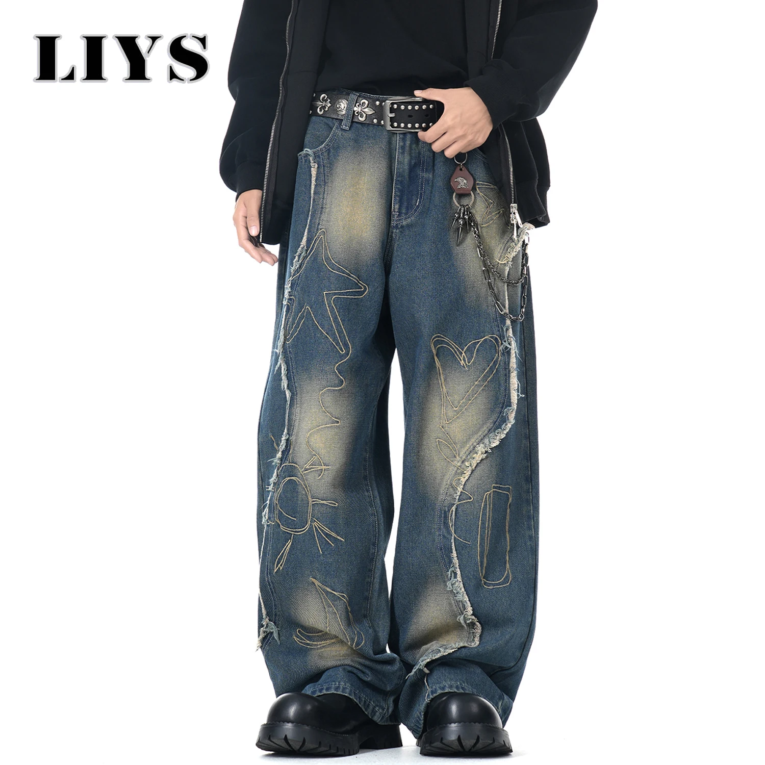 

Мужская уличная одежда в американском винтажном стиле Cool Rebel, свободные широкие джинсы с вышивкой, мешковатые джинсовые брюки, одежда унисекс, джинсы