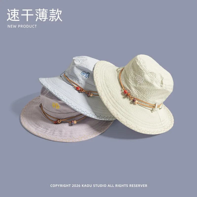 Summer Fresh Cartoon Print Drawstring Bucket Hats for Women Outdoor Travel Sunscreen Versatile Niche Beaded Design Hiking Caps