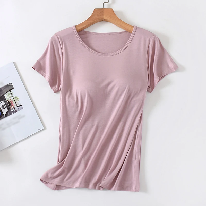 Women\'s Modal With Bra Pads Short-Sleeved Top Round Neck Thin Homewear T-Shirt Bottom Shirt Pajamas