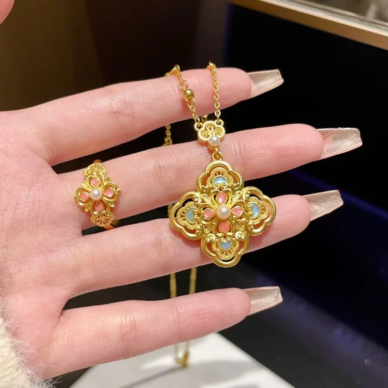 New Chinese court style enamel gold four-leaf clover ring women's fashion light luxury national style national tide niche design