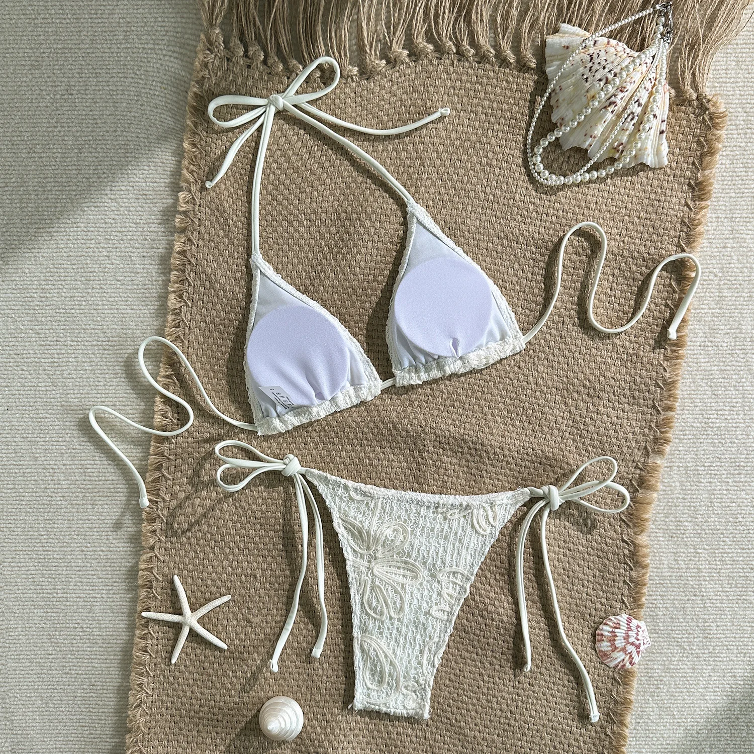 Women 2 Piece Retro Wavy Embroidery Bikinis Set Hollow Mesh Abstract Curve Embroidery Halter Self-Tie Triangle High Cut Bikini