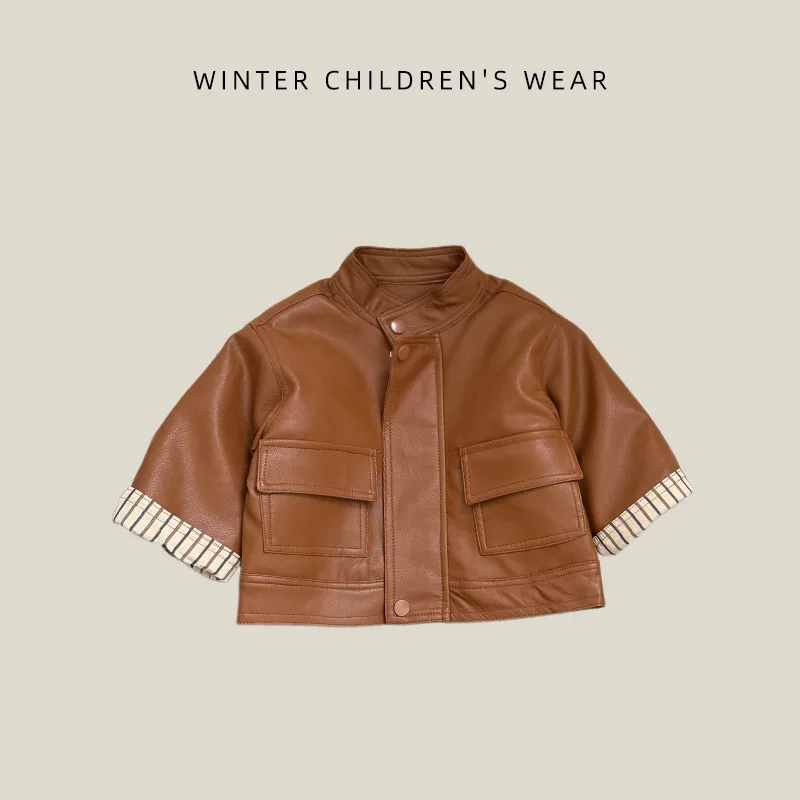 Baby winter wear leather jacket, boys' stand up collar big pocket trendy clothes boys' handsome outdoor winter jacket