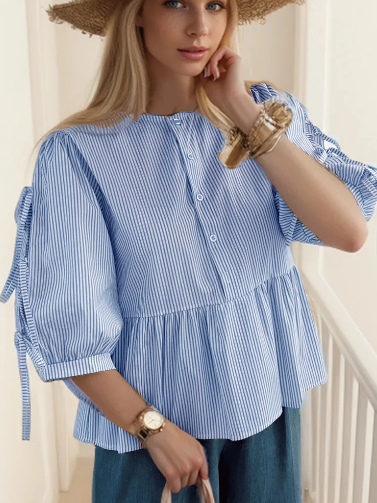 Korean leoaprd shirt blouse women tops Summer New fashion Cuff Lace-up Bow Shirt Retro Elegant O Neck Doll Shirt blouse